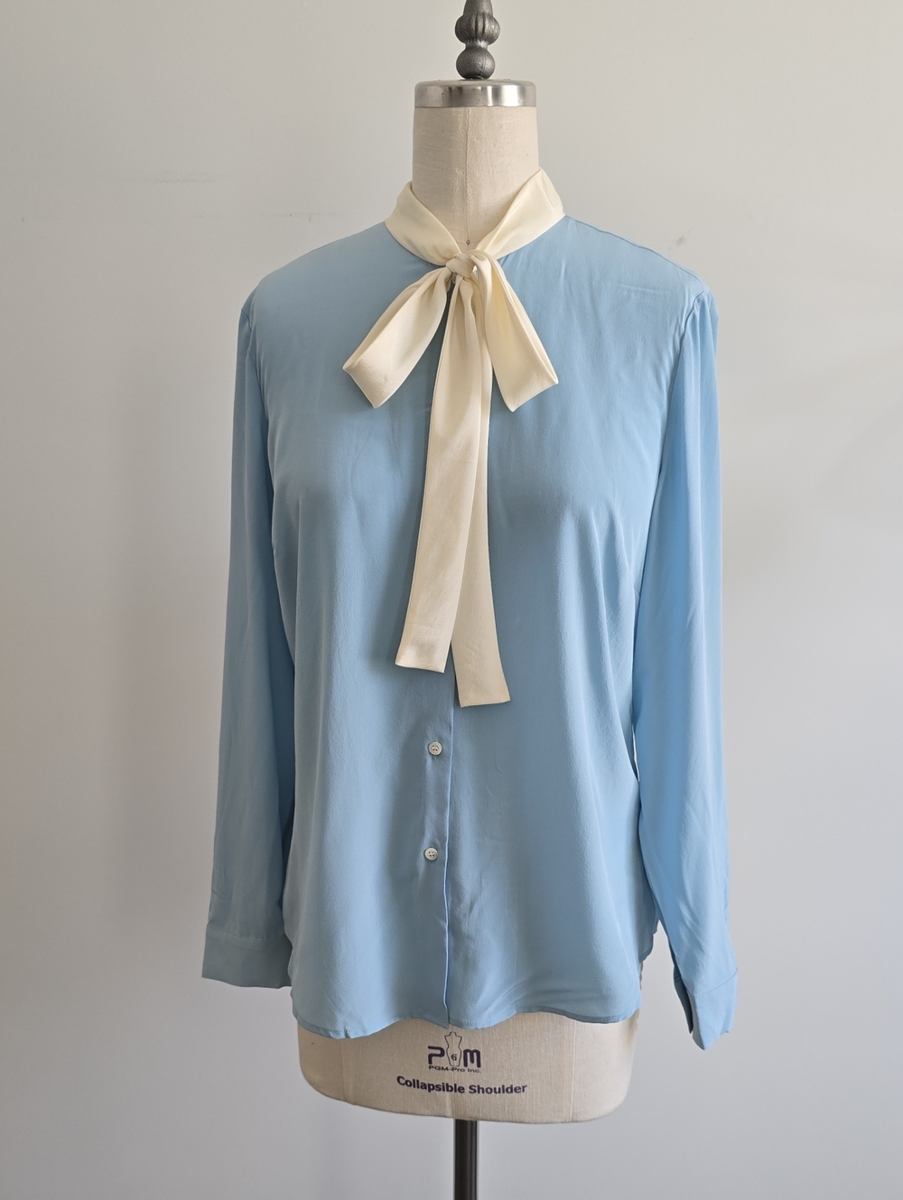 RED Valentino Pale Blue Silk Bow Blouse with Cream Tie
